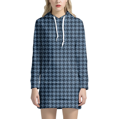 Deep Blue Houndstooth Pattern Print Hoodie Dress