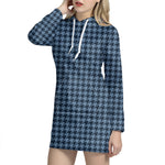 Deep Blue Houndstooth Pattern Print Hoodie Dress