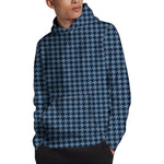 Deep Blue Houndstooth Pattern Print Pullover Hoodie