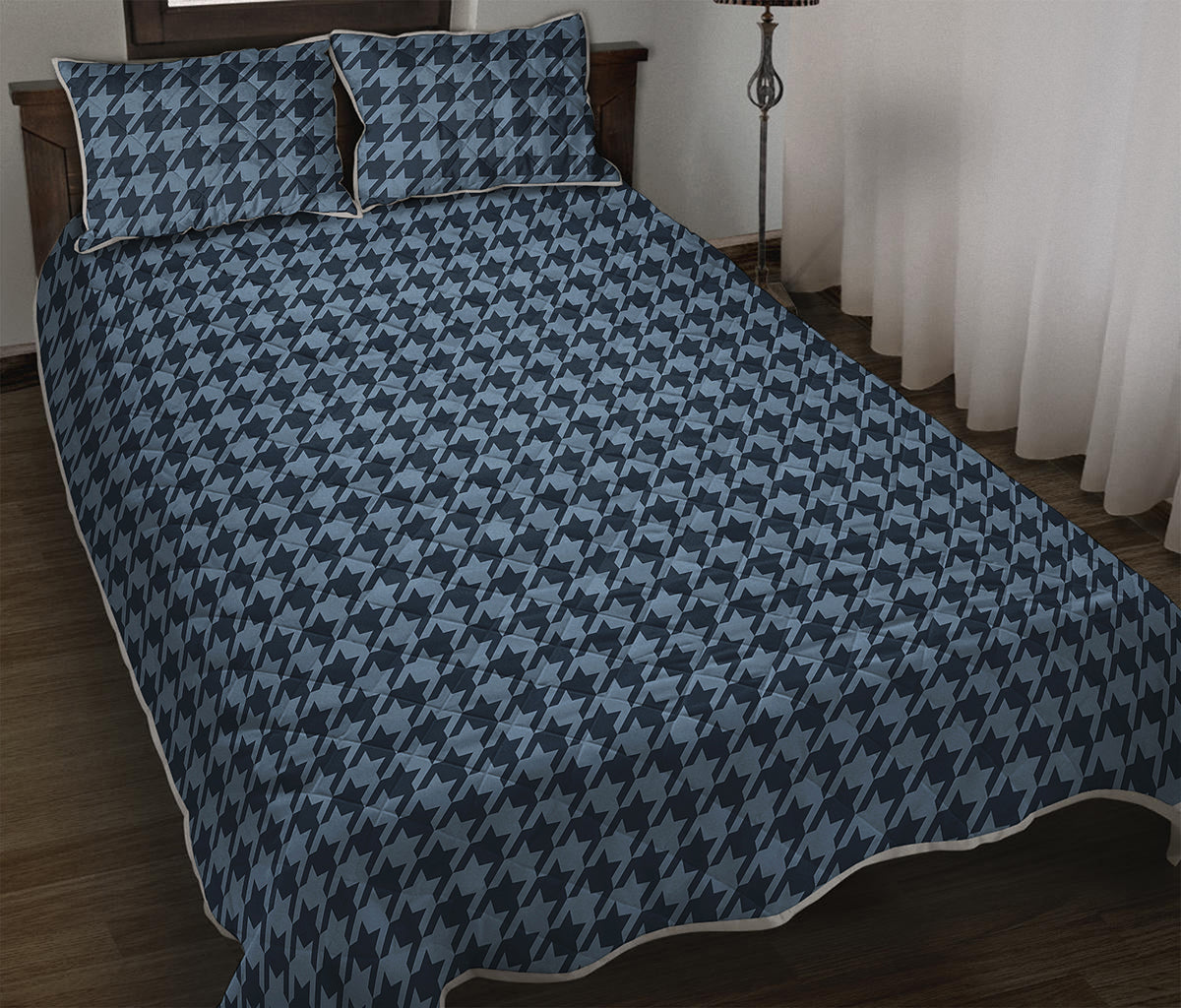 Deep Blue Houndstooth Pattern Print Quilt Bed Set