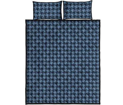 Deep Blue Houndstooth Pattern Print Quilt Bed Set