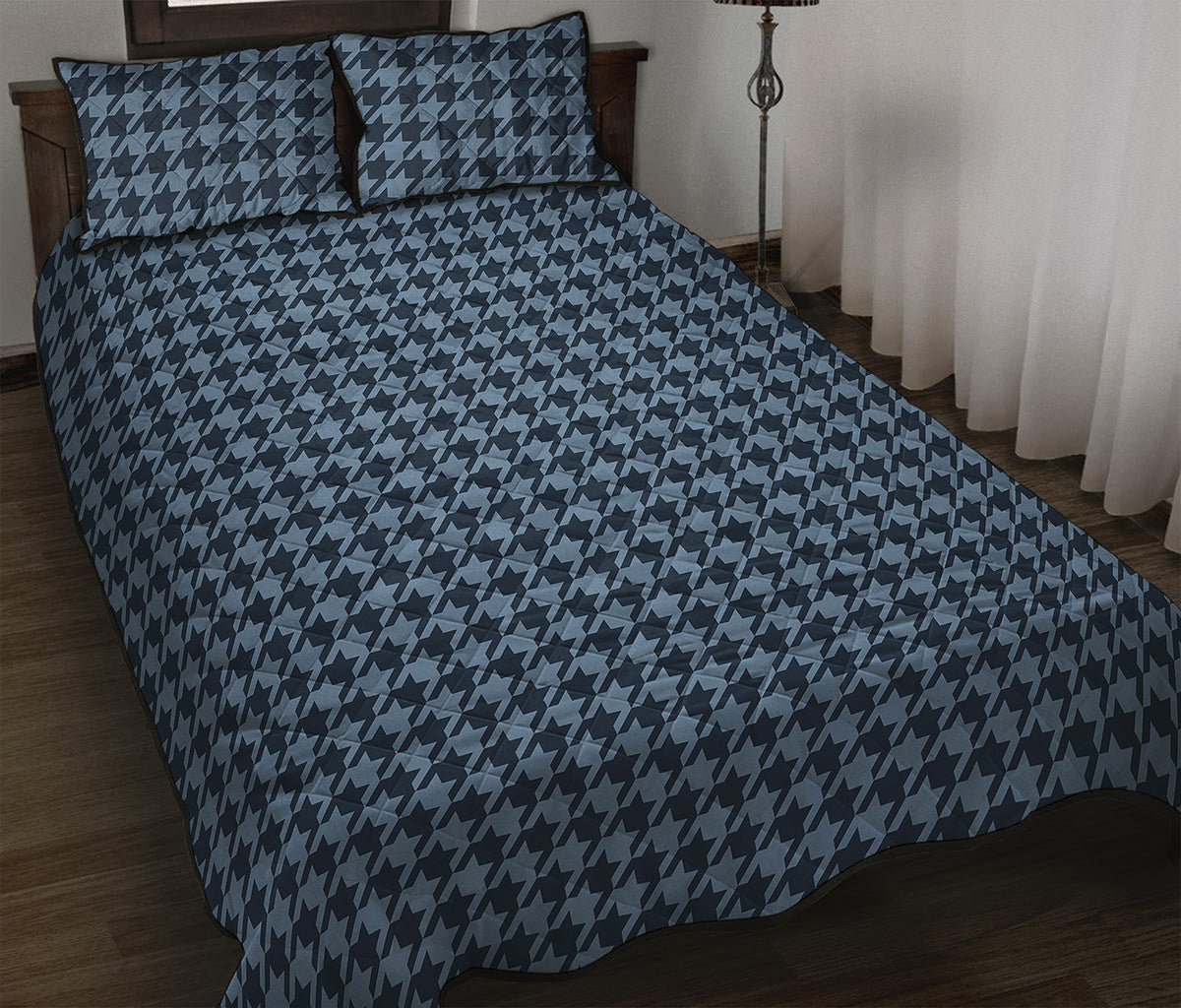 Deep Blue Houndstooth Pattern Print Quilt Bed Set