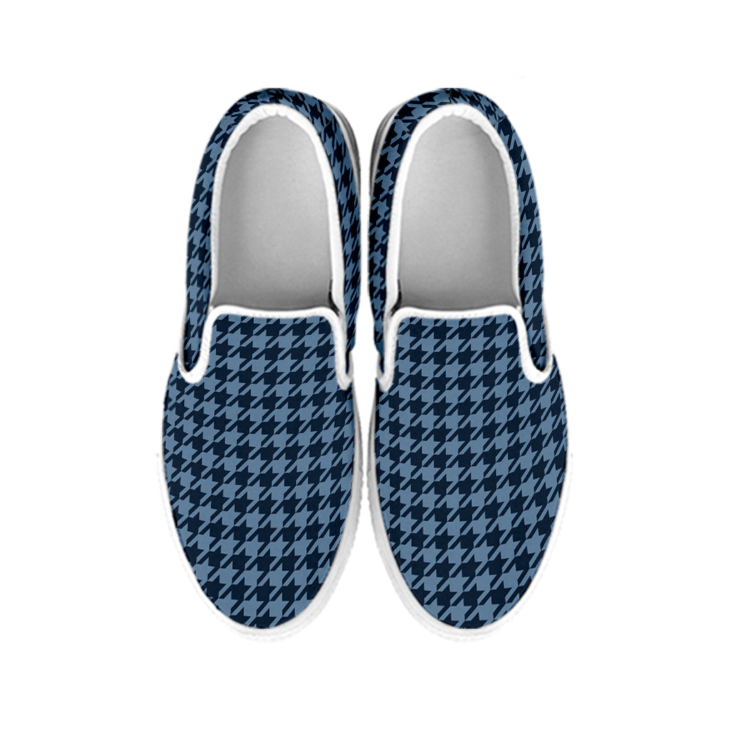 Deep Blue Houndstooth Pattern Print White Slip On Shoes