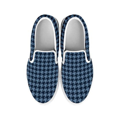 Deep Blue Houndstooth Pattern Print White Slip On Shoes