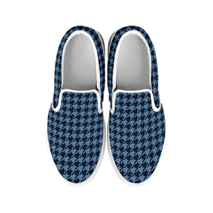 Deep Blue Houndstooth Pattern Print White Slip On Shoes