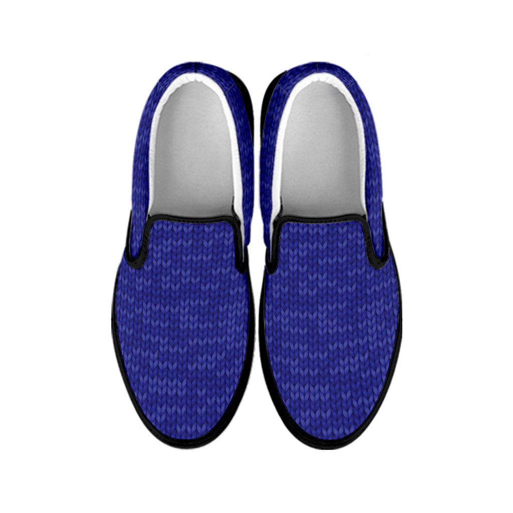 Deep Blue Knitted Pattern Print Black Slip On Shoes