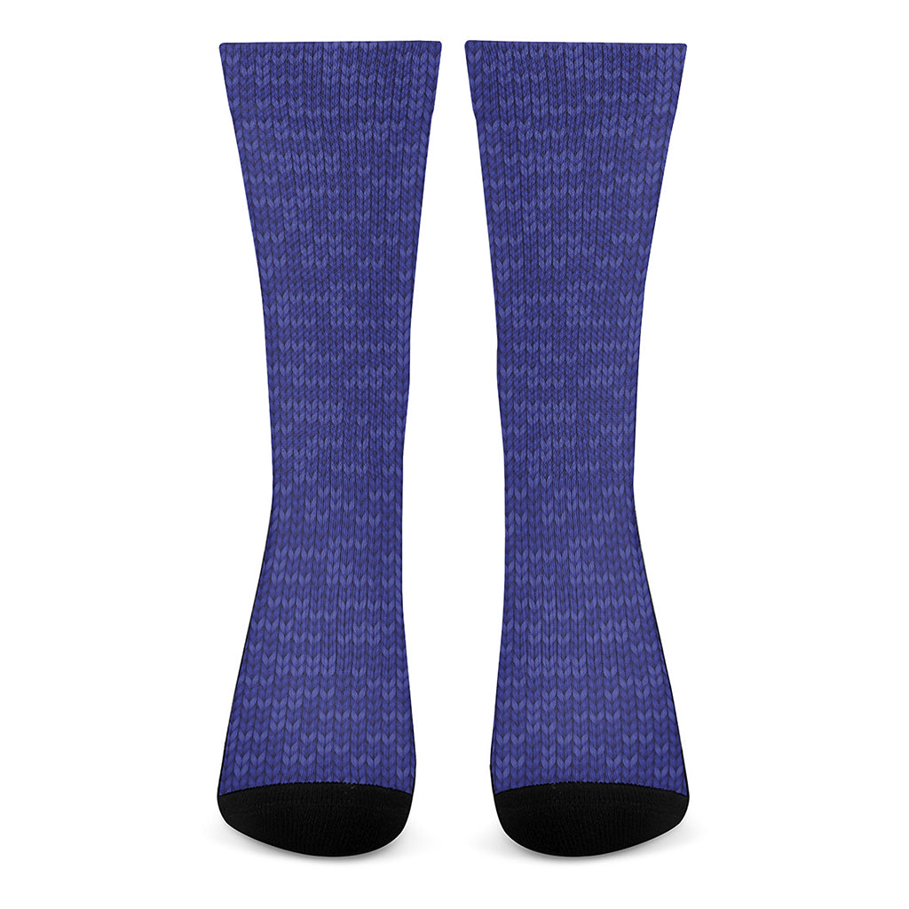 Deep Blue Knitted Pattern Print Crew Socks