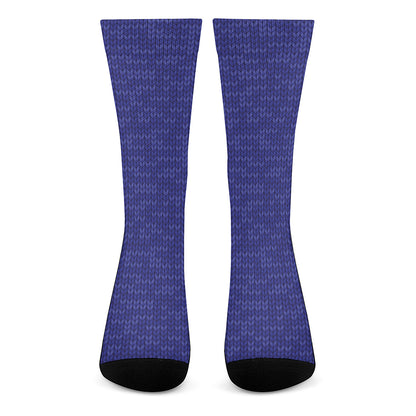 Deep Blue Knitted Pattern Print Crew Socks