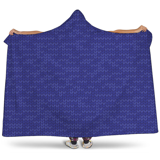 Deep Blue Knitted Pattern Print Hooded Blanket
