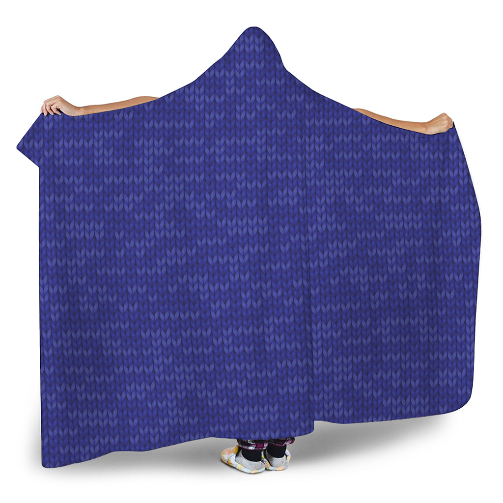 Deep Blue Knitted Pattern Print Hooded Blanket
