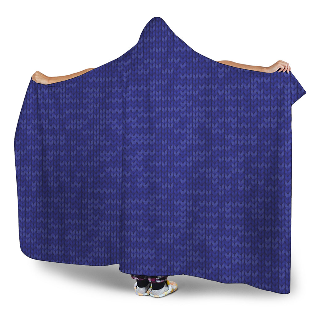 Deep Blue Knitted Pattern Print Hooded Blanket