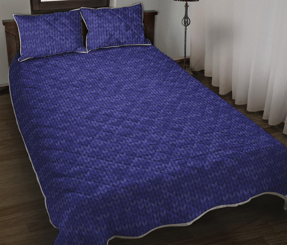 Deep Blue Knitted Pattern Print Quilt Bed Set
