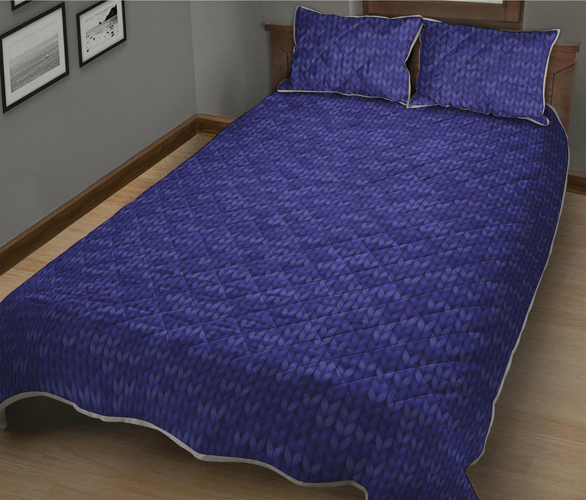 Deep Blue Knitted Pattern Print Quilt Bed Set