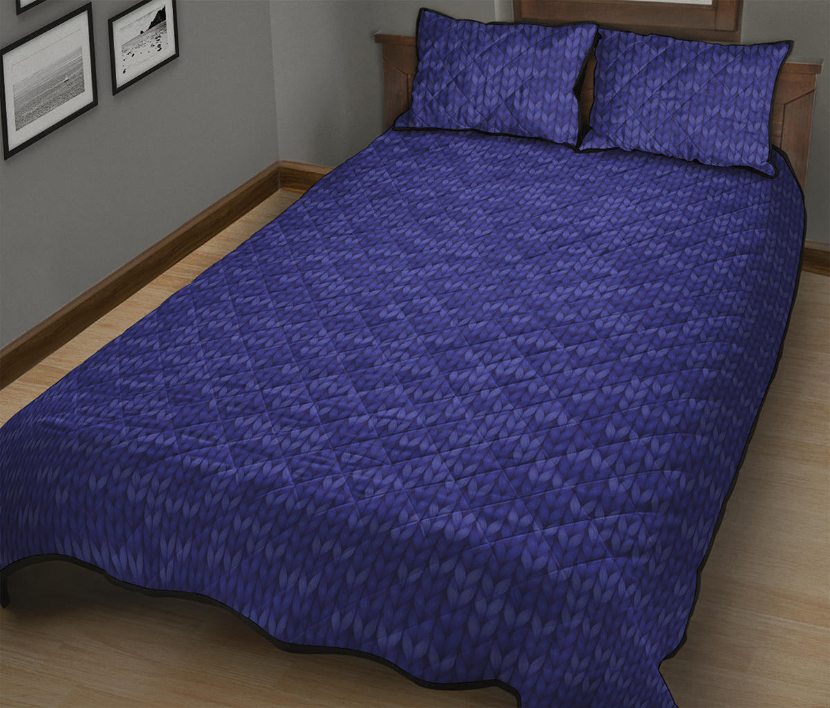 Deep Blue Knitted Pattern Print Quilt Bed Set
