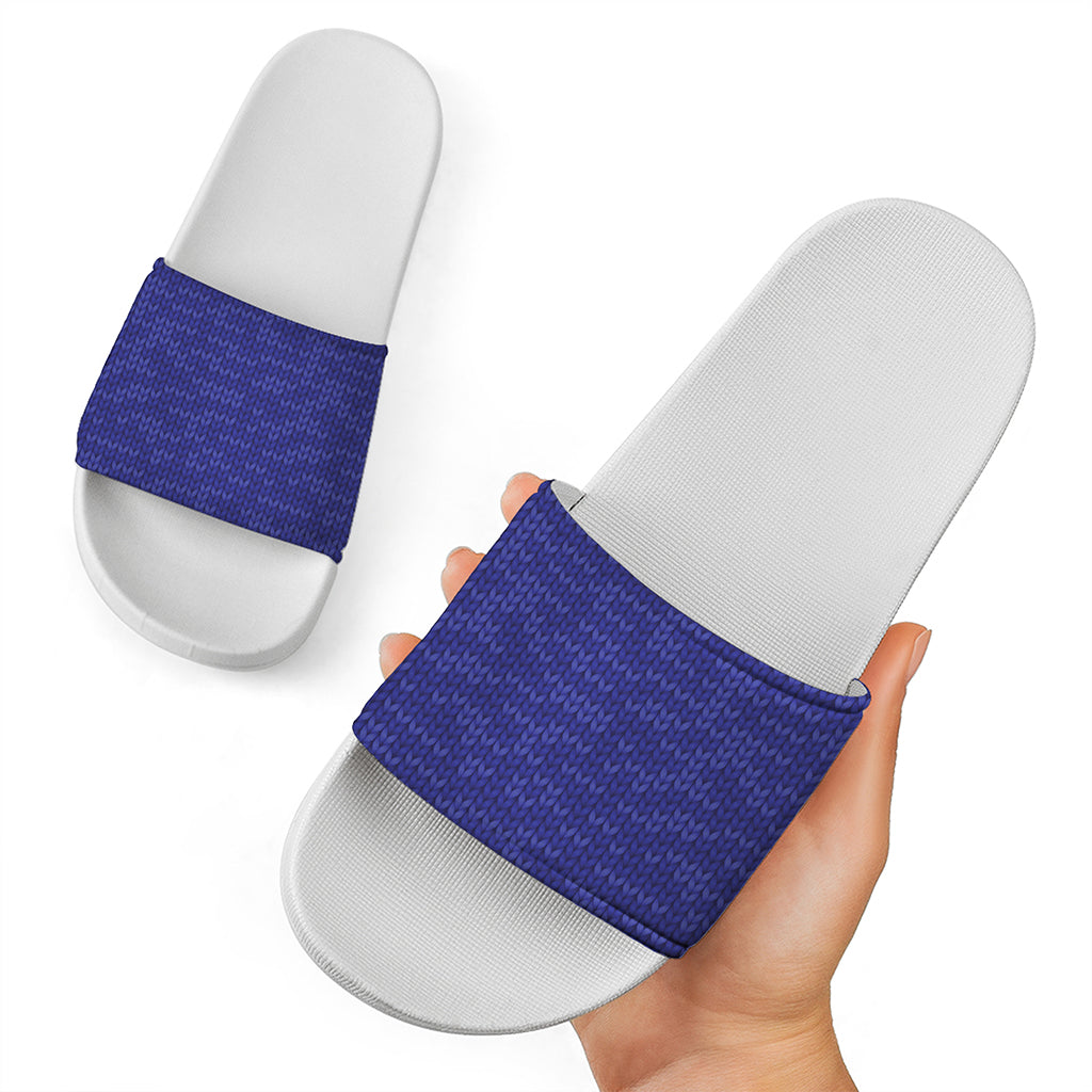Deep Blue Knitted Pattern Print White Slide Sandals