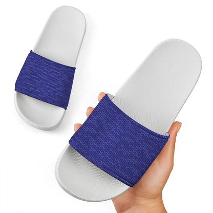 Deep Blue Knitted Pattern Print White Slide Sandals