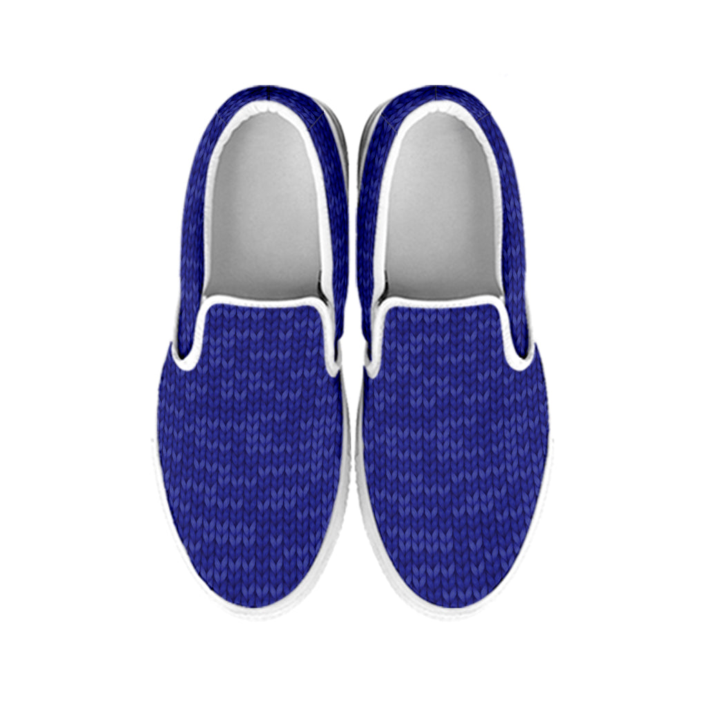 Deep Blue Knitted Pattern Print White Slip On Shoes