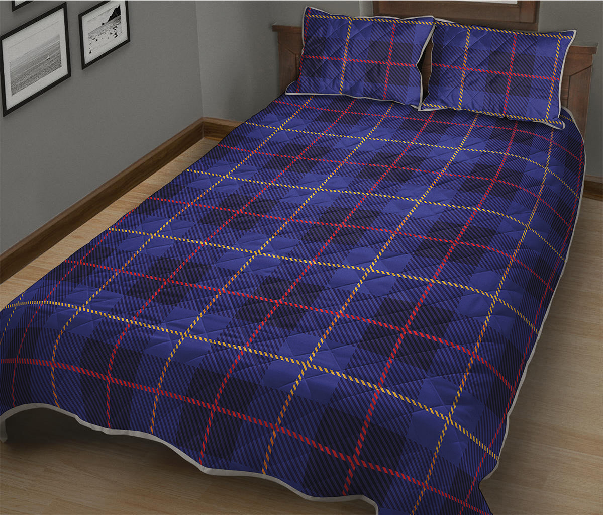 Deep Blue Stewart Tartan Print Quilt Bed Set
