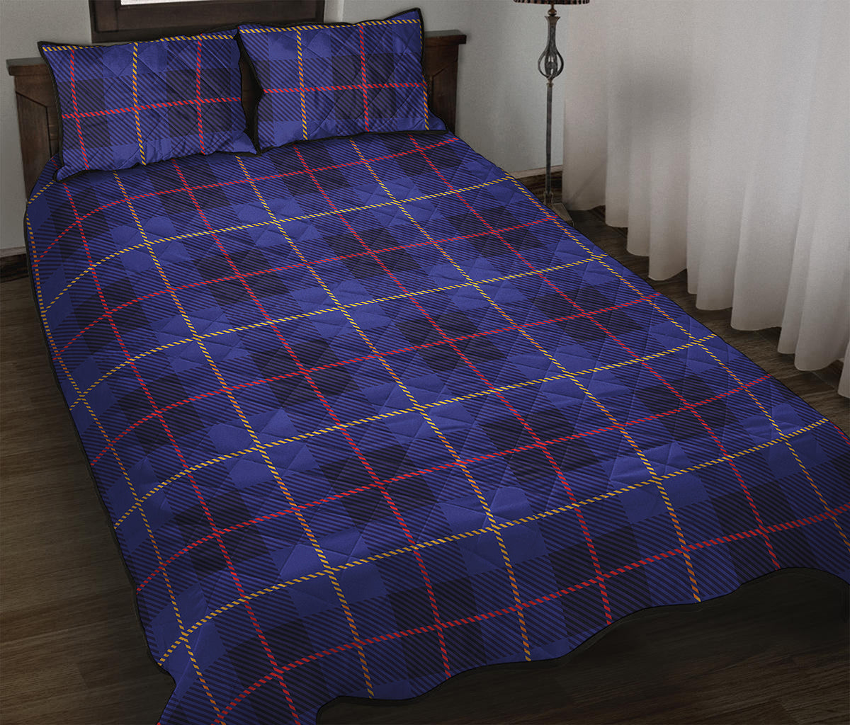 Deep Blue Stewart Tartan Print Quilt Bed Set