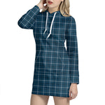 Deep Blue Tattersall Pattern Print Hoodie Dress