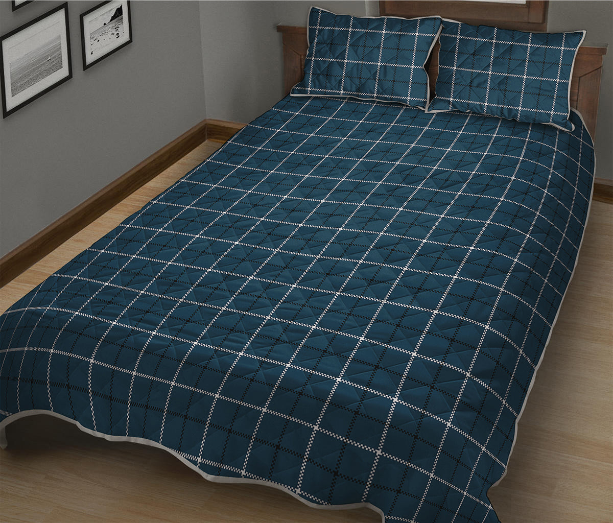 Deep Blue Tattersall Pattern Print Quilt Bed Set