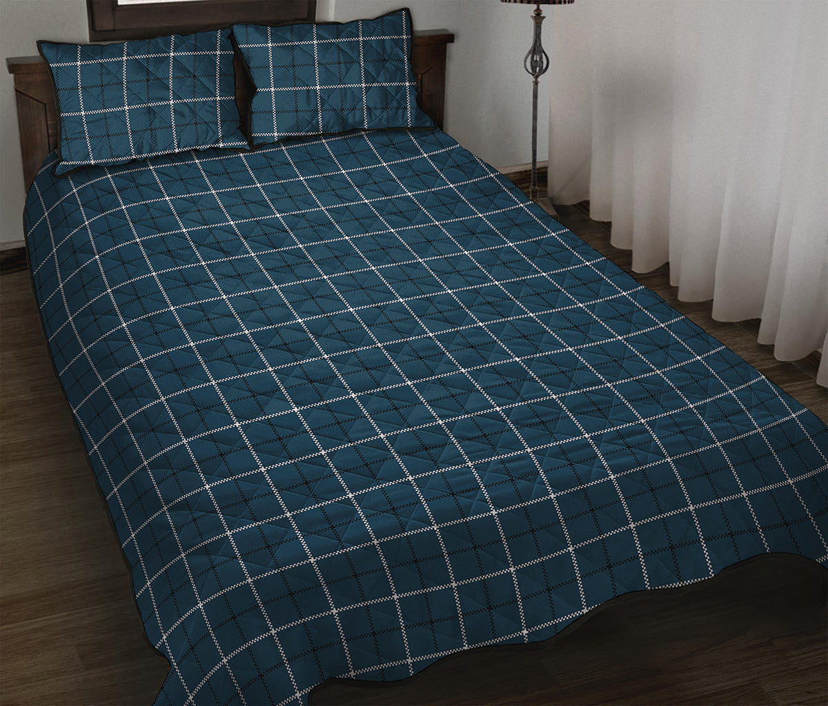 Deep Blue Tattersall Pattern Print Quilt Bed Set