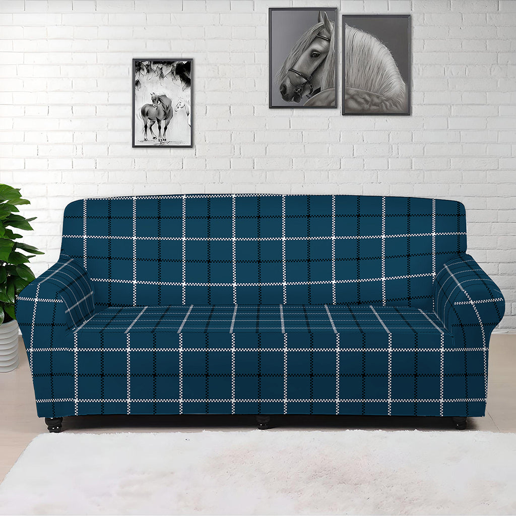 Deep Blue Tattersall Pattern Print Sofa Cover