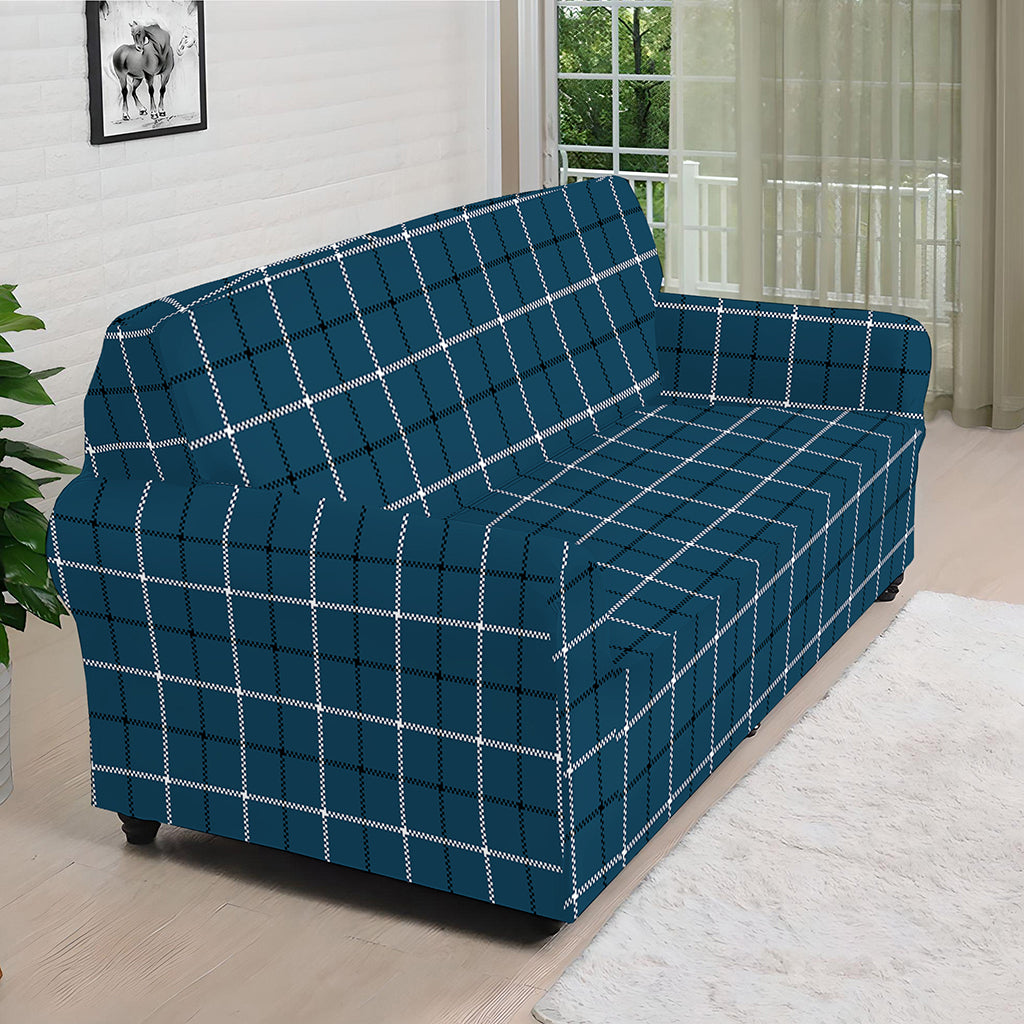Deep Blue Tattersall Pattern Print Sofa Cover
