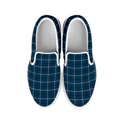 Deep Blue Tattersall Pattern Print White Slip On Shoes