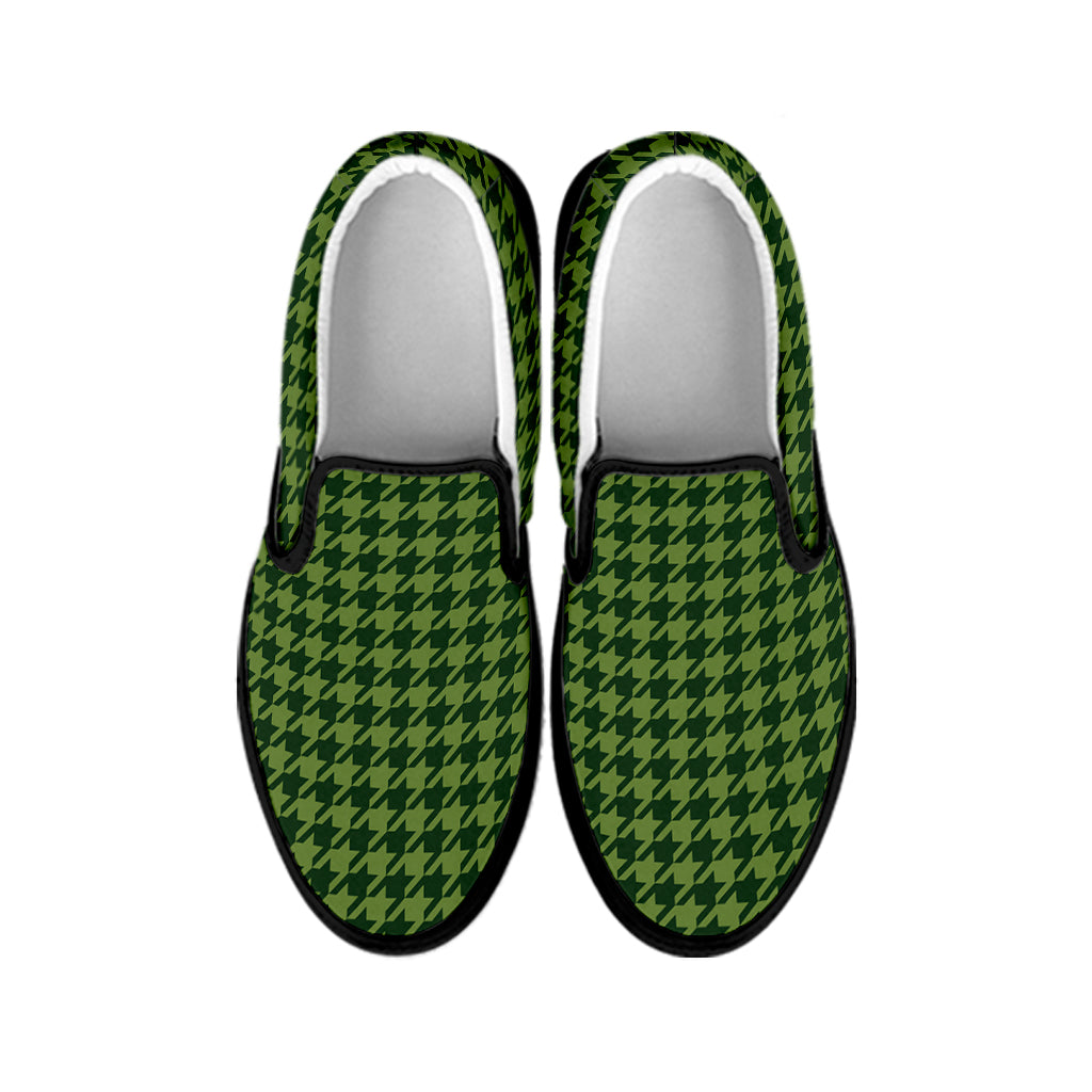Deep Green Houndstooth Pattern Print Black Slip On Shoes