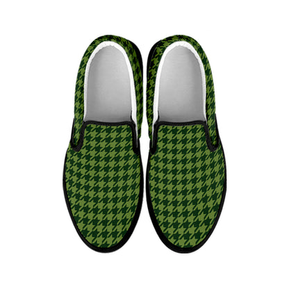 Deep Green Houndstooth Pattern Print Black Slip On Shoes