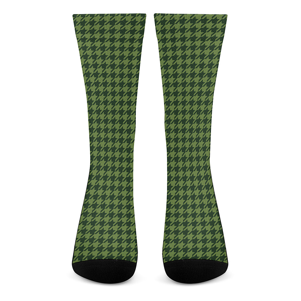 Deep Green Houndstooth Pattern Print Crew Socks