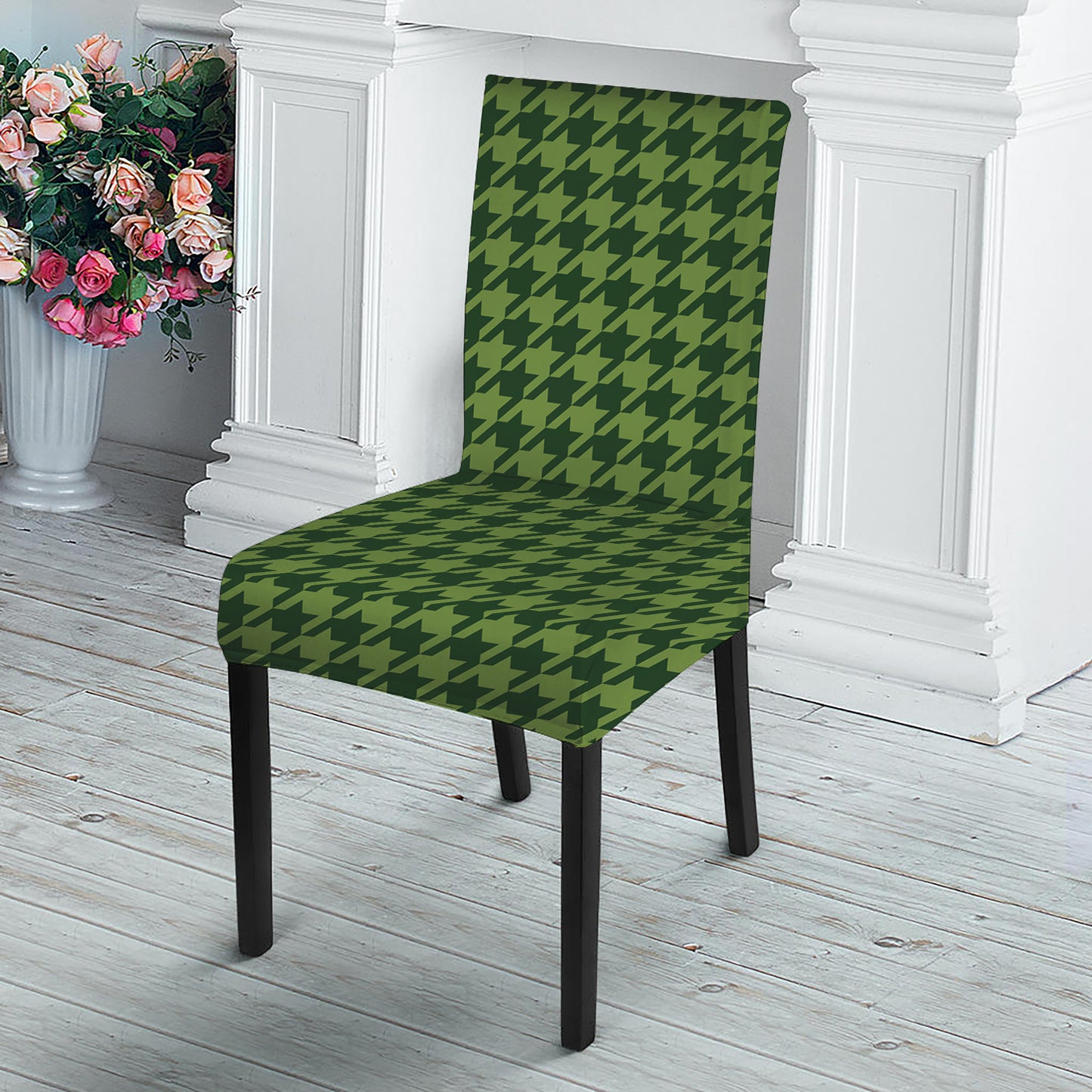 Deep Green Houndstooth Pattern Print Dining Chair Slipcover