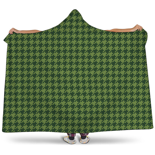 Deep Green Houndstooth Pattern Print Hooded Blanket