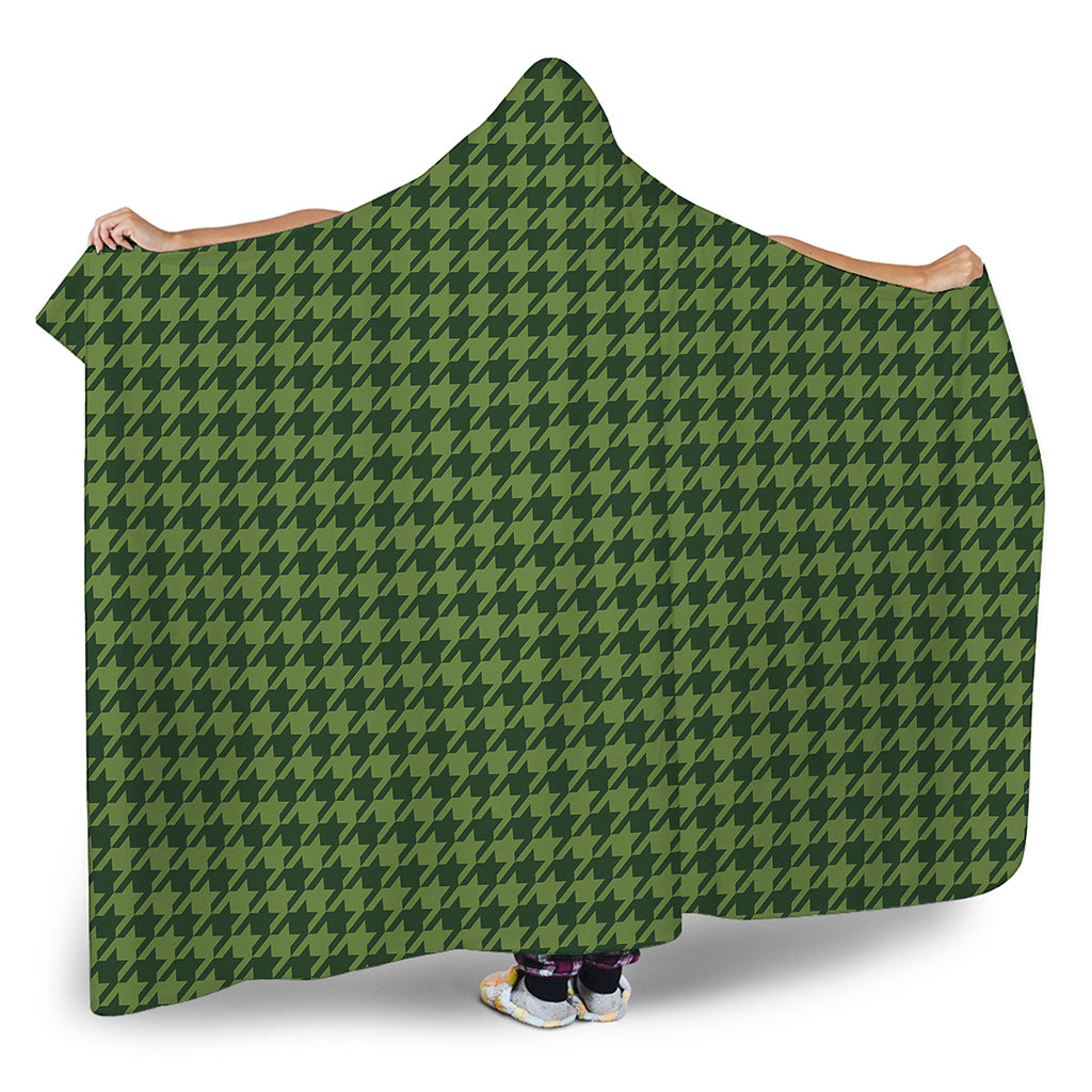 Deep Green Houndstooth Pattern Print Hooded Blanket