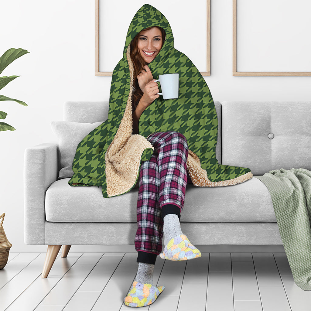 Deep Green Houndstooth Pattern Print Hooded Blanket