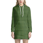 Deep Green Houndstooth Pattern Print Hoodie Dress