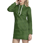 Deep Green Houndstooth Pattern Print Hoodie Dress