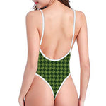 Deep Green Houndstooth Pattern Print One Piece High Cut Swimsuit