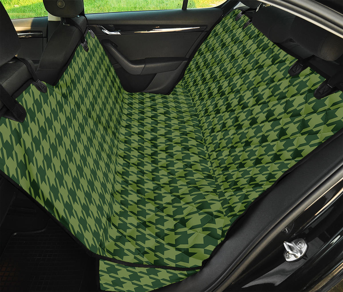 Deep Green Houndstooth Pattern Print Pet Car Back Seat Cover