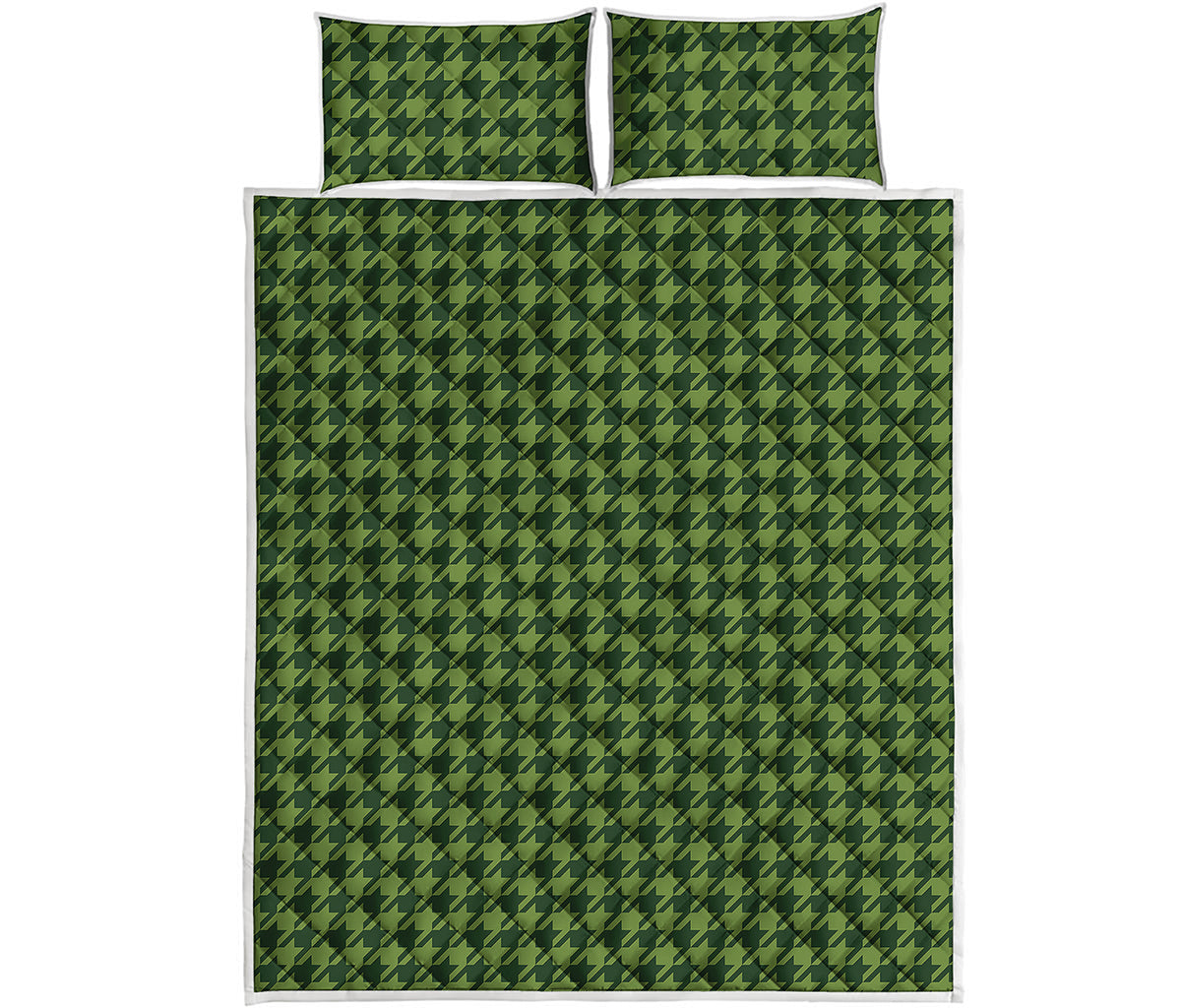 Deep Green Houndstooth Pattern Print Quilt Bed Set