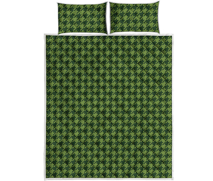 Deep Green Houndstooth Pattern Print Quilt Bed Set