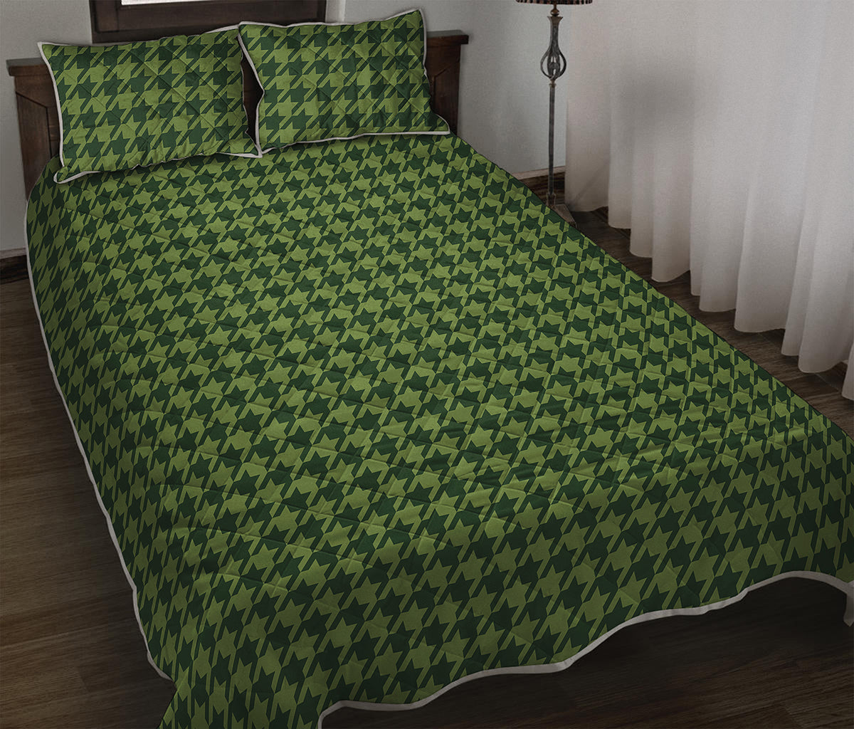Deep Green Houndstooth Pattern Print Quilt Bed Set