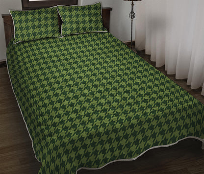 Deep Green Houndstooth Pattern Print Quilt Bed Set