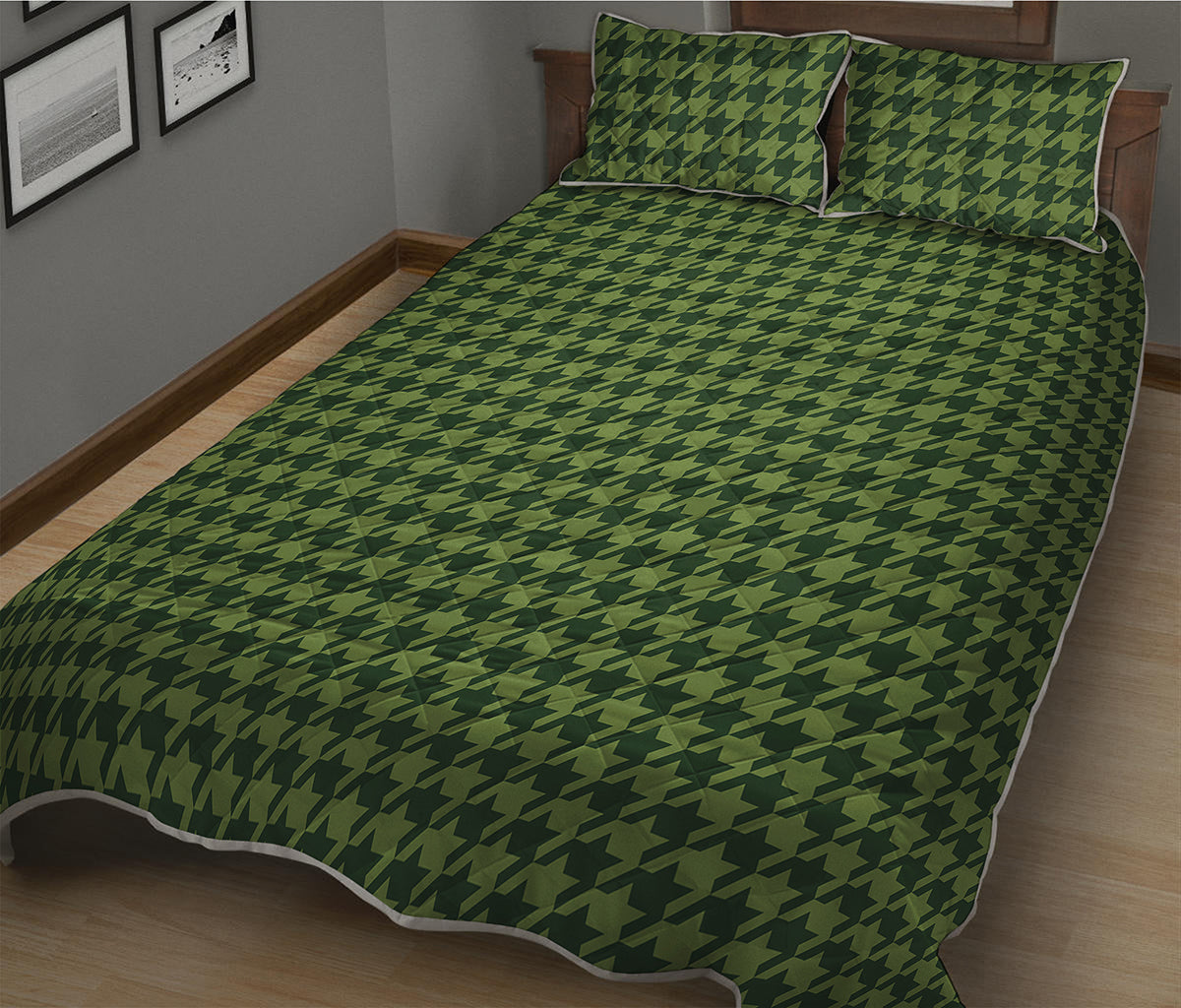Deep Green Houndstooth Pattern Print Quilt Bed Set