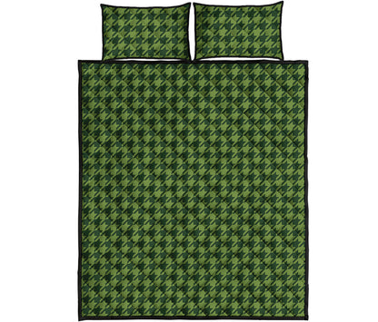 Deep Green Houndstooth Pattern Print Quilt Bed Set
