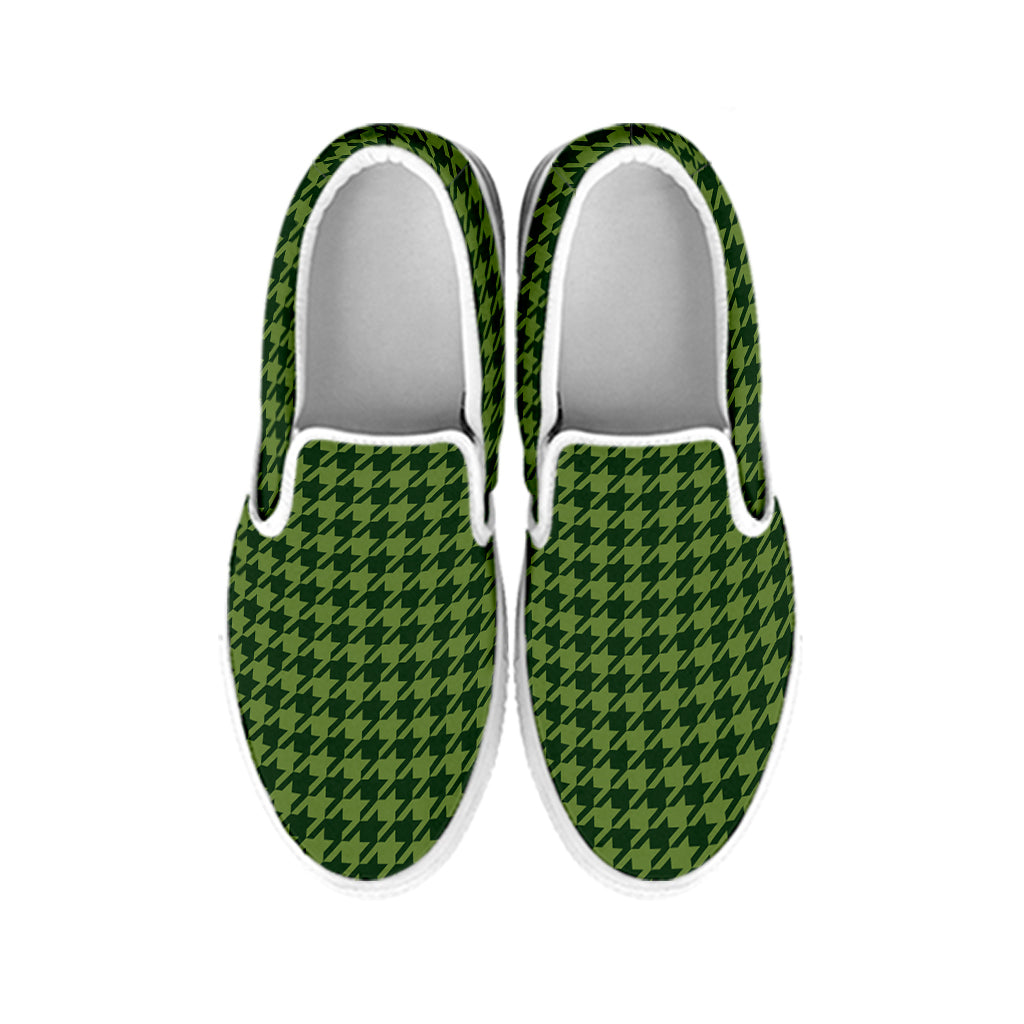 Deep Green Houndstooth Pattern Print White Slip On Shoes
