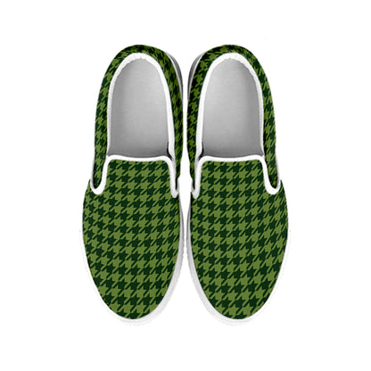 Deep Green Houndstooth Pattern Print White Slip On Shoes