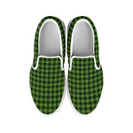 Deep Green Houndstooth Pattern Print White Slip On Shoes