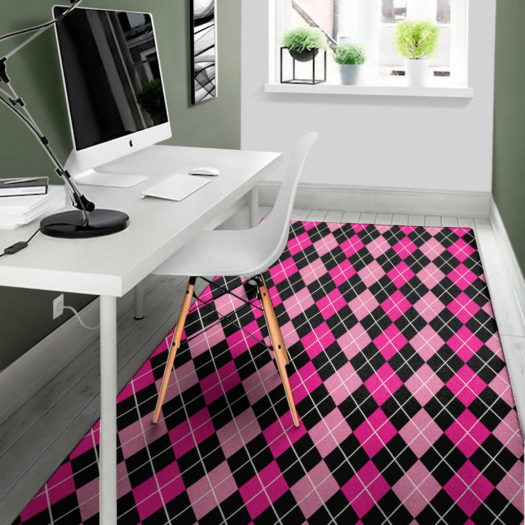 Deep Pink And Black Argyle Pattern Print Area Rug